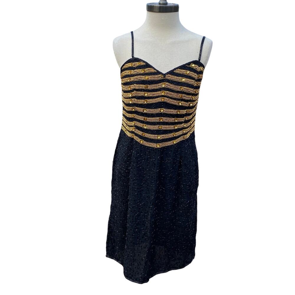 Vintage Beaded 100% Silk Black and Gold Size Medium